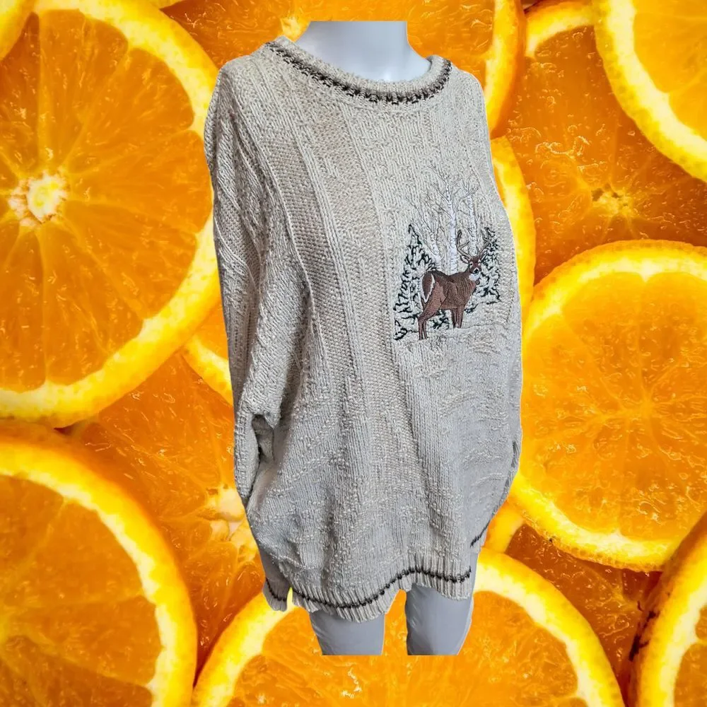 Shenandoah Deer Winter Scene Cable Knit Sweater‎ Outdoor Cabin Lodge Cozy L